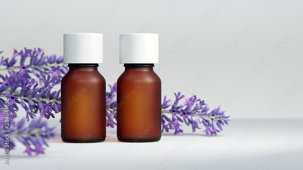 Essential oil bottle mock up. With lavender flower. White background. Body care and aromatherapy concept. 3D illustration. Essential oil bottle mock up. With lavender flower. White background. Body care and aromatherapy concept. 3D illustration.