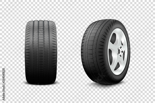 Vector 3d Realistic Render Car Wheel Icon Closeup Isolated on Transparent Background. Design Template of New Tires with Alloy Rims Front and Side View