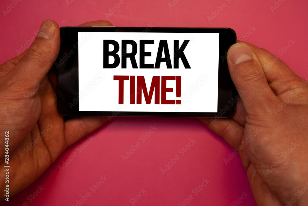 Conceptual hand writing showing Break Time Motivational Call. Business photo showcasing Moment to stop working Get relax PauseMan hold holding cell phone white screen black red letters Conceptual hand writing showing Break Time Motivational Call. Business photo showcasing Moment to stop working Get relax PauseMan hold holding cell phone white screen black red letters