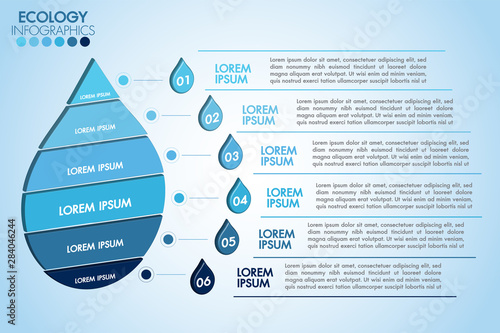 Infographic eco water blue design elements process 6 steps or options parts with water drop. Ecology organic nature vector business template for presentation.