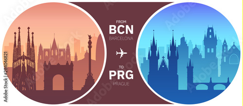 From Barcelona to Prague flight travel ad concept.