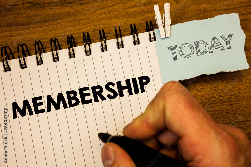Text sign showing Membership. Conceptual photo Being member Part of a group or team Join an organizationMan creating for today on notebook Hand hold holding pen Wooden background Text sign showing Membership. Conceptual photo Being member Part of a group or team Join an organizationMan creating for today on notebook Hand hold holding pen Wooden background