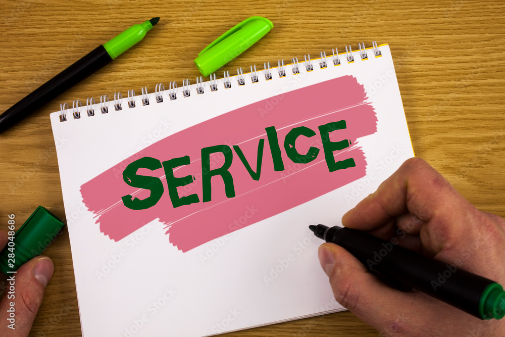 Conceptual hand writing showing Service. Business photo text Helping somebody Supporting Provide Transportation Communication written by Man Notepad holding Marker wooden background Pen. Conceptual hand writing showing Service. Business photo text Helping somebody Supporting Provide Transportation Communication written by Man Notepad holding Marker wooden background Pen.