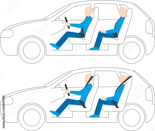 右ハンドルと左ハンドル。乗用車の側面。ドライバーと同乗者。ベクター画像。