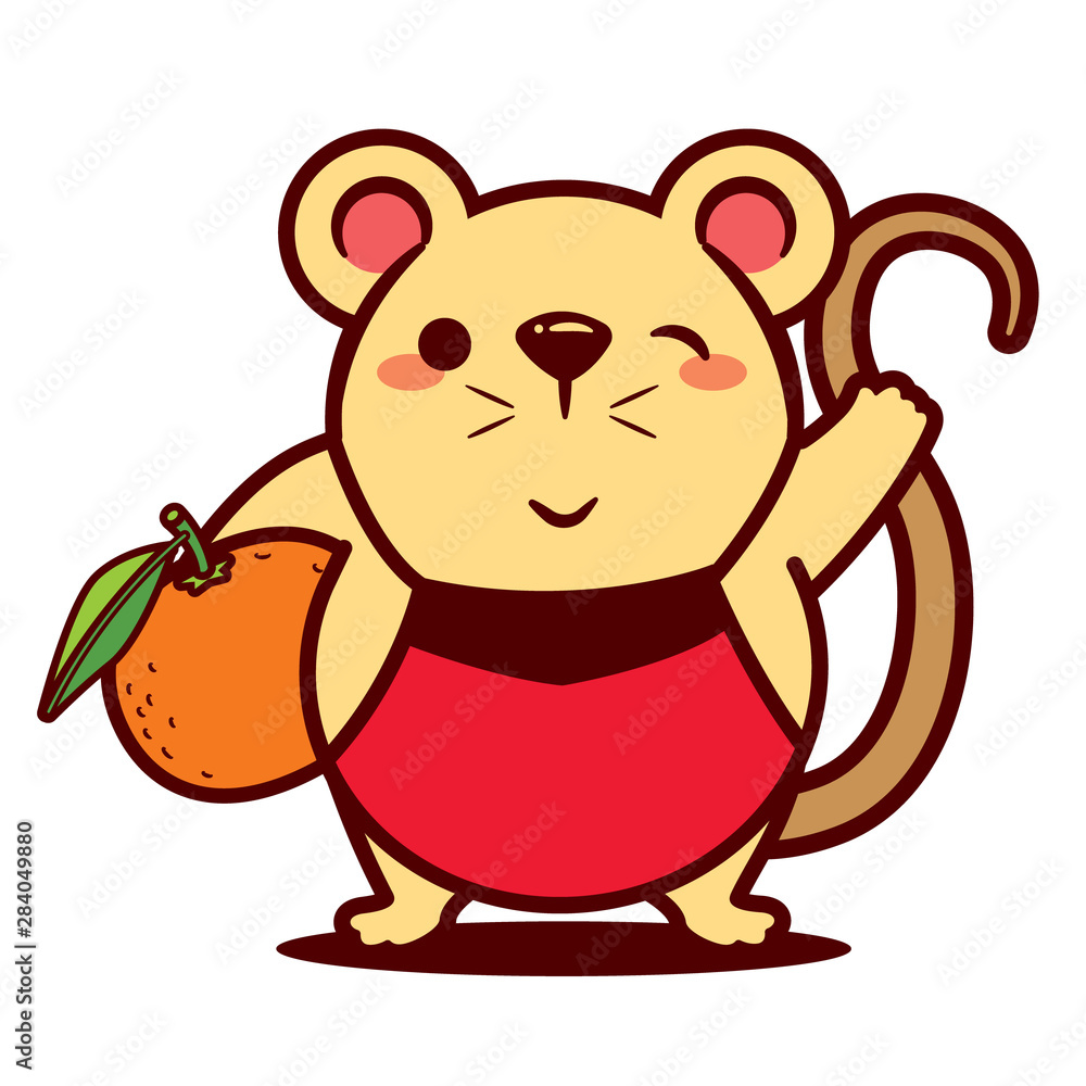 Cartoon cute rat carrying big mandarin orange. Year of rat. Chinese New Year. Cartoon rat character isolated. - Vector Cartoon cute rat carrying big mandarin orange. Year of rat. Chinese New Year. Cartoon rat character isolated. - Vector