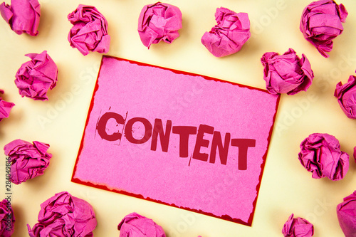 Writing note showing Content. Business photo showcasing Website containing exclusive and containing rich information written Pink Sticky Note Paper plain background Pink Paper Balls.