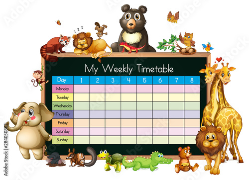Timetable template with many animals on white background