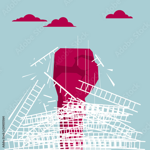 The fist crushed the ladder. Isolated on blue background.