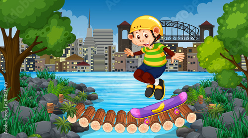 Monkey boy riding skatboard in city park