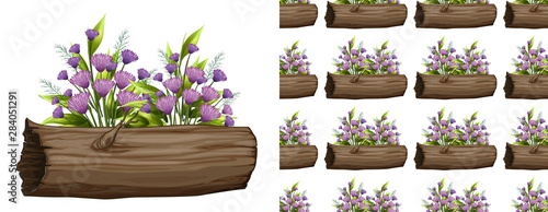 Seamless background design with purple flowers on log © GraphicsRF