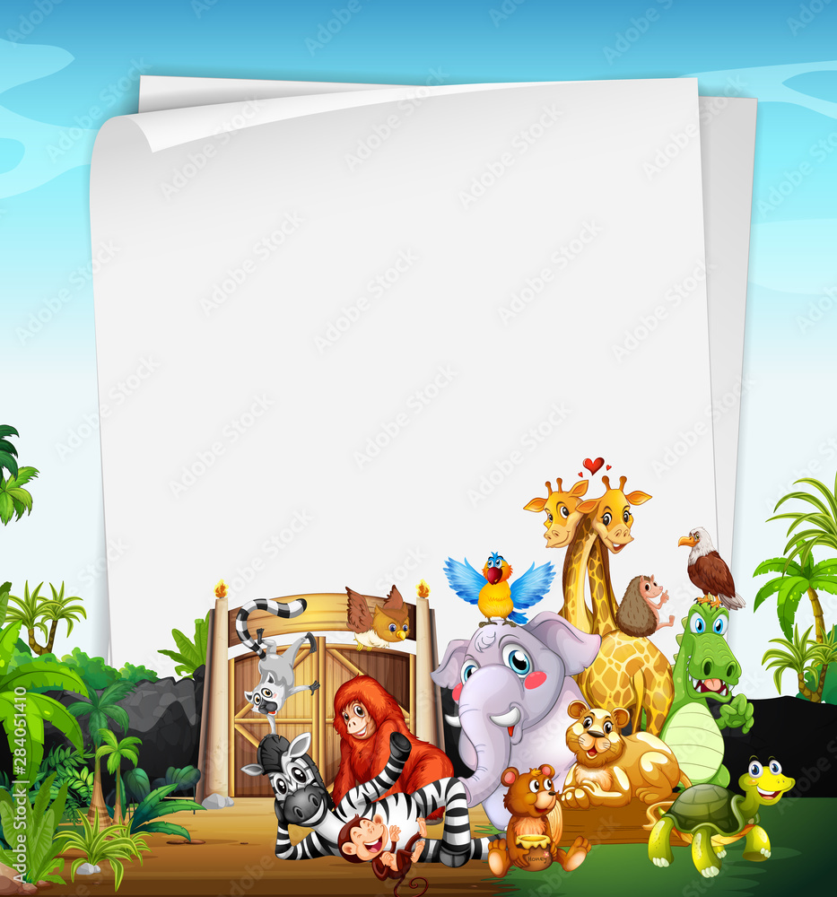 Fototapeta premium Border template design with cute animals at the zoo