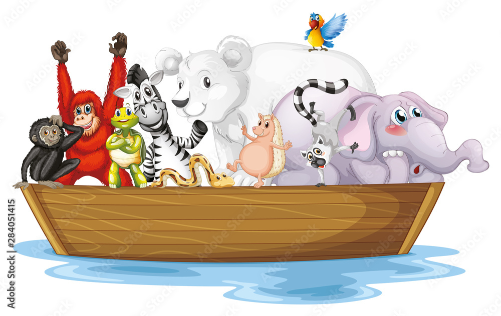 Obraz premium Many wild animals in small boat