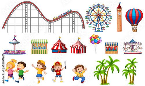 Isolated objects from circus theme with  kids and rides