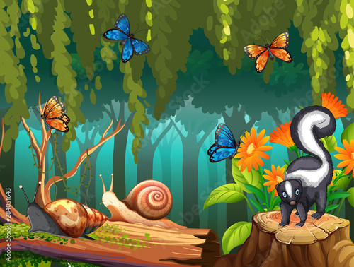 Nature scene with skunk and butterflies in forest