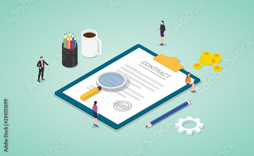 business contract agreement concept with team people analyze data with magnifying glass with modern isometric flat style - vector
