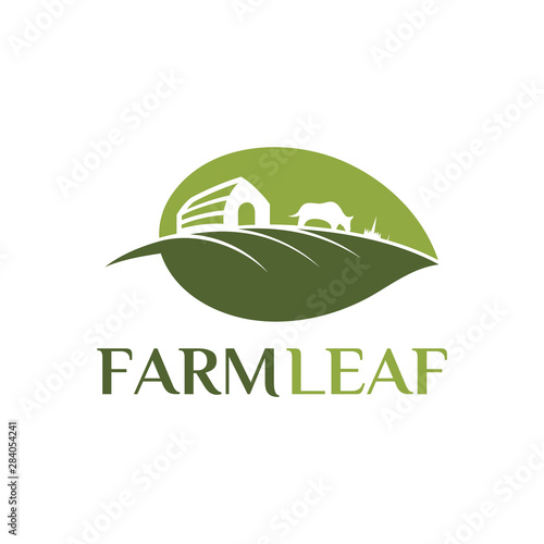 farm leaf logo, flat style, green leaves icon, cattle vector illustration, modern design concept