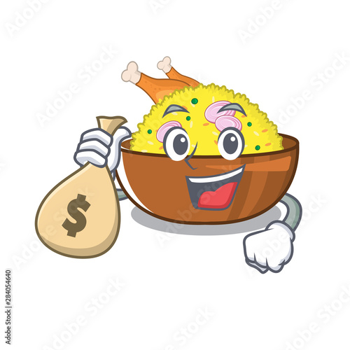 With money bag biryani chicken above the cartoon plate