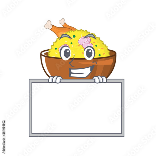 Grinning with board biryani chicken above the cartoon plate