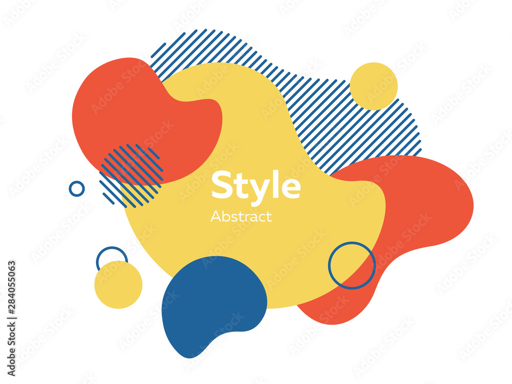 Red, yellow and blue abstract elements. Hatched shapes, circles, layers, dynamical forms with text sample. Vector illustration for banner, poster, logo, cover design Red, yellow and blue abstract elements. Hatched shapes, circles, layers, dynamical forms with text sample. Vector illustration for banner, poster, logo, cover design