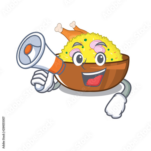With megaphone biryani chicken above the cartoon plate
