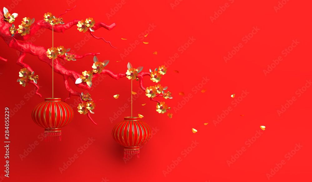 Red gold sakura flower and branch, cherry blossom, chinese lantern lampion. Design creative concept of chinese festival celebration gong xi fa cai. 3D rendering illustration. Red gold sakura flower and branch, cherry blossom, chinese lantern lampion. Design creative concept of chinese festival celebration gong xi fa cai. 3D rendering illustration.