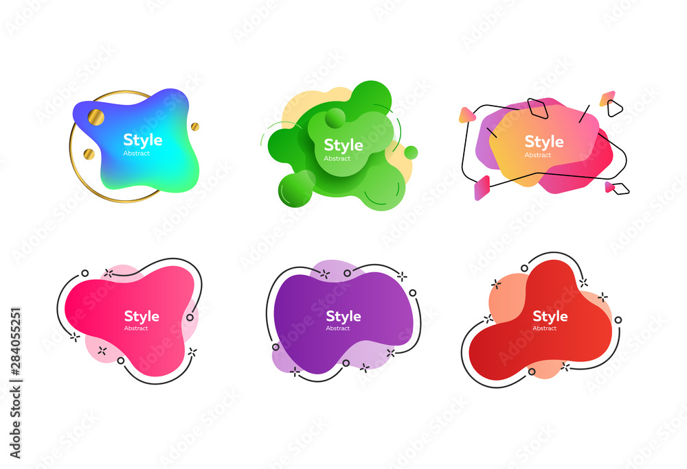 Fototapeta premium Bright multicolored liquid shapes set. Modern abstract banners with sample text. Trendy minimal templates for presentations, banners, apps and web pages. Vector illustration