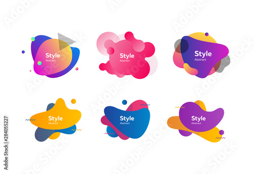 Bright multi layer irregular shapes set. Multicolored abstract figures and lines with sample text. Trendy minimal templates for presentations, flyers, banners and web pages. Vector illustration