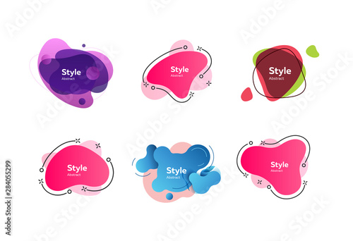 Colorful abstract figures set. Bright multicolored shapes with sample text. Trendy minimal templates for presentations, banners, flyers and posters. Vector illustration