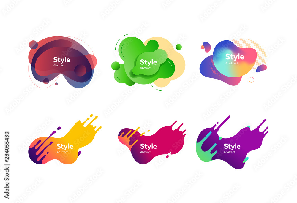 Irregular liquid shapes set. Colorful abstract badges with sample text. Trendy minimal templates for presentations, banners, flyers and posters. Vector illustration Irregular liquid shapes set. Colorful abstract badges with sample text. Trendy minimal templates for presentations, banners, flyers and posters. Vector illustration
