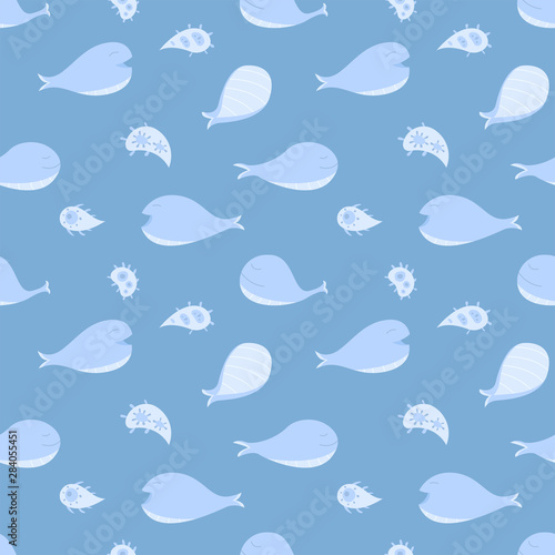 Blue whale in relax action swimming and eating plankton cartoon design seamless pattern. Vector illustration wallpaper and background.