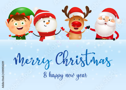 Merry Christmas banner design with snowy background. Santa and his helpers holding hands. Lettering can be used for invitations, signs, announcements