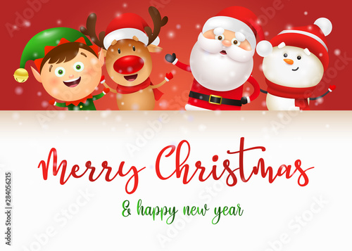 Merry Christmas banner with Santa, snowman, deer and elf on red and white background. Lettering can be used for invitations, signs, announcements
