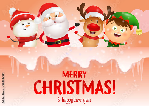 Merry Christmas inscription in red color. Happy fairy characters singing celebration song on icy background. Lettering can be used for invitations, signs, announcements