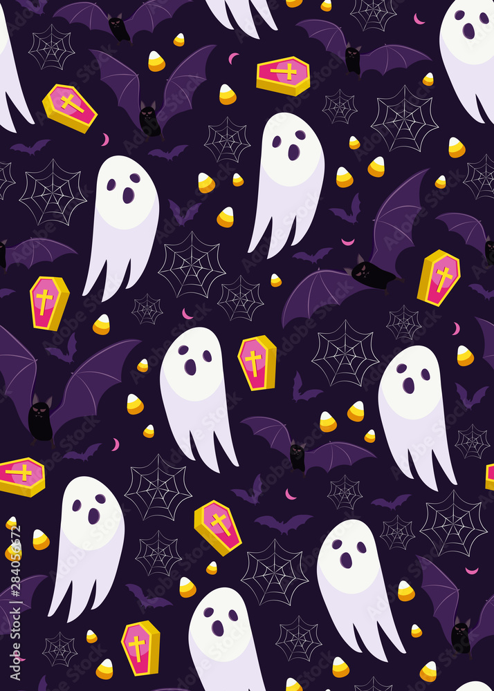Halloween ghost seamless pattern on purple background. Cute halloween ghost and decoration pattern background. Halloween theme design vector illustration Halloween ghost seamless pattern on purple background. Cute halloween ghost and decoration pattern background. Halloween theme design vector illustration