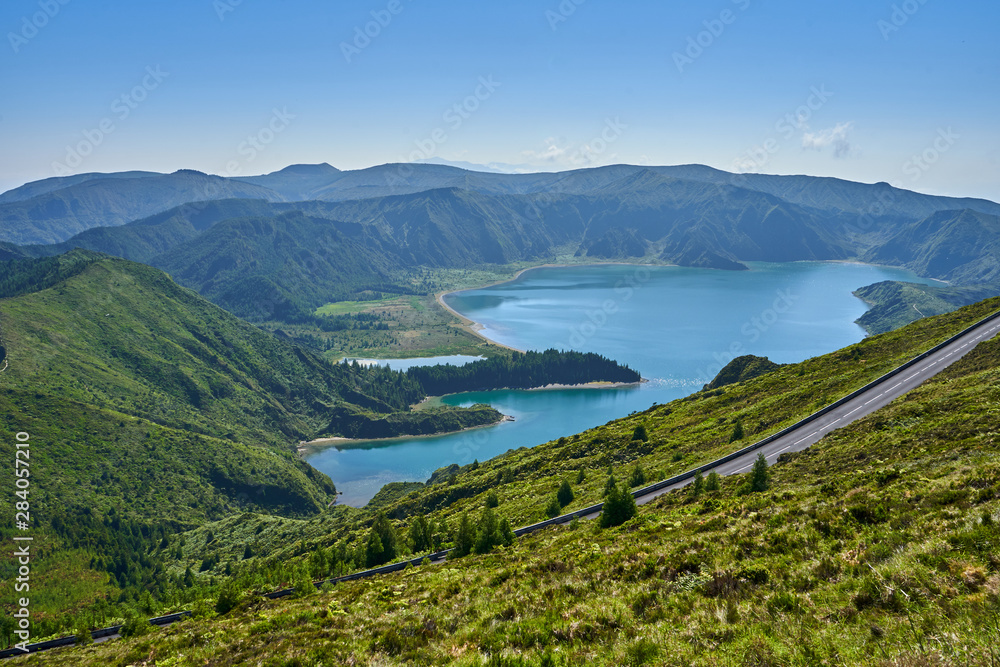Panoramic view of Lagoa do Fogo from the Miradouro do Pico da Barrosa