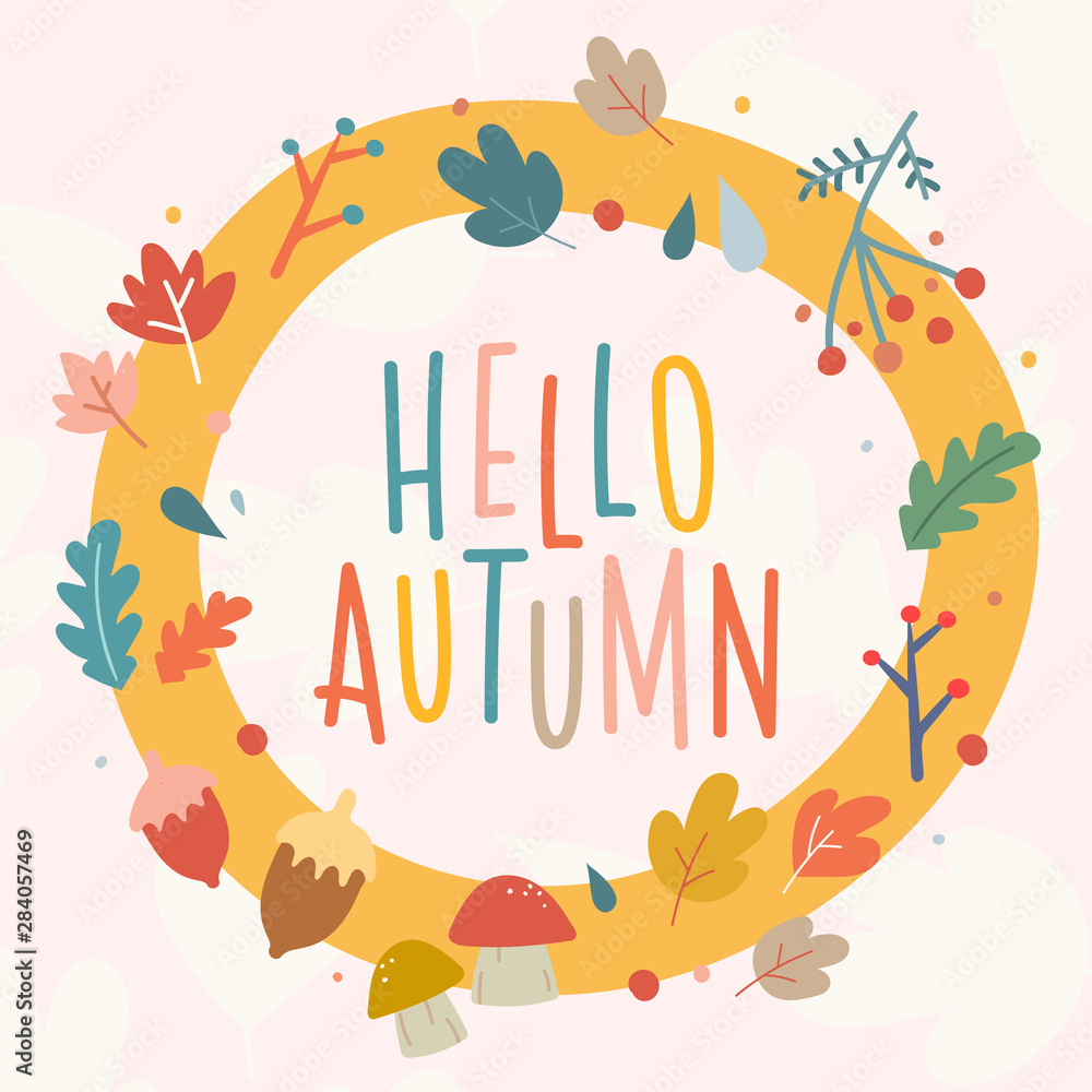 hand drawn vector autumn square banner template with cute scandinavian style illustrations of autumn symbols and handwritten letters. Fall colors background with oak and maple leaves, berries.