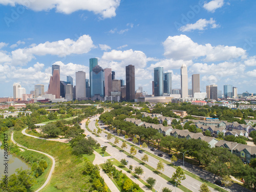 Aerial and panorama view of downtown Houston skyline in a beautiful day (with blue sky and white cloud)