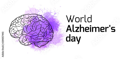 International Alzheimers Day. Horizontal card with outline human brain on purple watercolor stains. Disease and extinction. Vector banner for medical articles, banners, cards and your design.