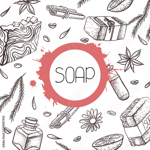 Square card with sketch drawing of handmade soap ingredients. Cover with painted soap, oil, calendula, cinnamon and coffee. Vector template for greeting cards, wrappers, recipes and your design.