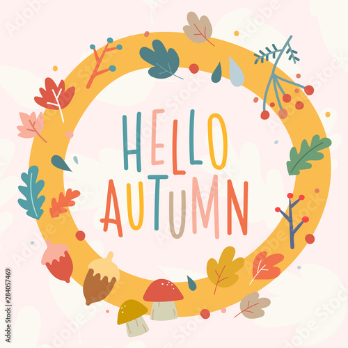 hand drawn vector autumn square banner template with cute scandinavian style illustrations of autumn symbols and handwritten letters. Fall colors background with oak and maple leaves, berries.