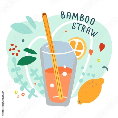 Hand drawn cocktail with eco natural bamboo straw. Ecological lifestyle, zero waste and plastic free. Trendy cartoon style. Wooden straw on background with doodles, good for print poster, banner or st