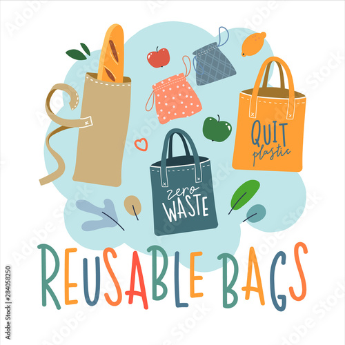 Hand drawn zero waste banner. Ecological lifestyle vector illustration in modern trendy flat cartoon style. Reusable bags on background with doodles.
