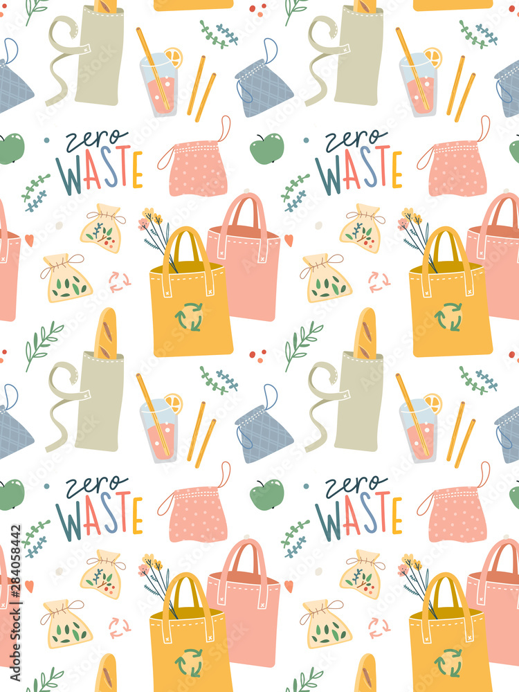 Seamless vector pattern with hand drawn zero waste elements. Ecological lifestyle vector illustrations in modern trendy flat cartoon style. Reusable bags, brushes and bottles, motivation lettering. Seamless vector pattern with hand drawn zero waste elements. Ecological lifestyle vector illustrations in modern trendy flat cartoon style. Reusable bags, brushes and bottles, motivation lettering.