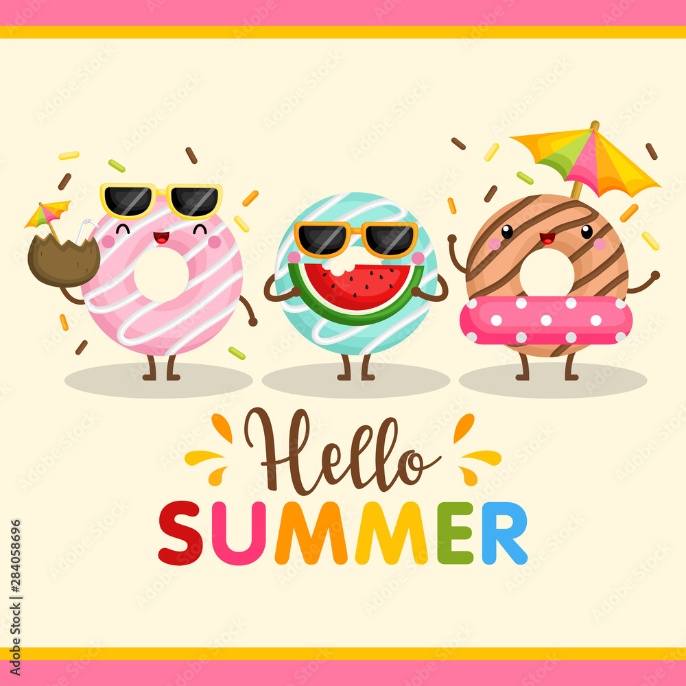 Naklejka premium A Cute Card Vector of Colorful Donut using Summer Items Happily