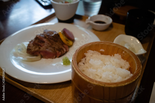 Perfectly cooked steak in high-class Japanese restaurant