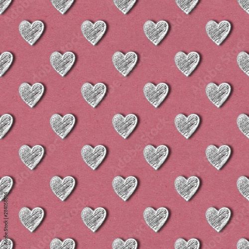 Silver hearts seamless pattern. Glitter on pink background
