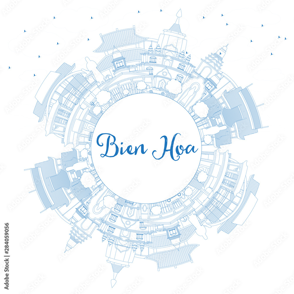 Outline Bien Hoa Vietnam City Skyline with Blue Buildings and Copy Space. Outline Bien Hoa Vietnam City Skyline with Blue Buildings and Copy Space.