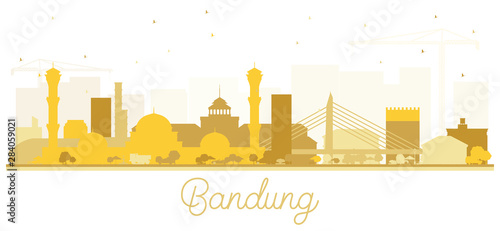 Bandung Indonesia City Skyline Silhouette with Golden Buildings Isolated on White.