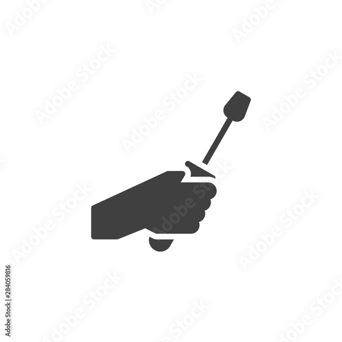 Hand with screwdriver vector icon. filled flat sign for mobile concept and web design. Hand holding screwdriver glyph icon. Technical service symbol, logo illustration. Vector graphics
