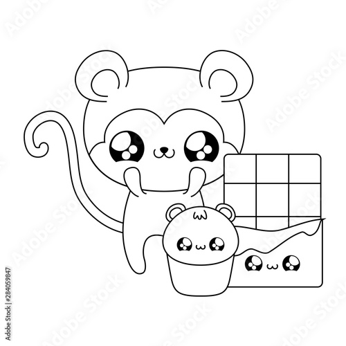 cute monkey baby with set food kawaii style